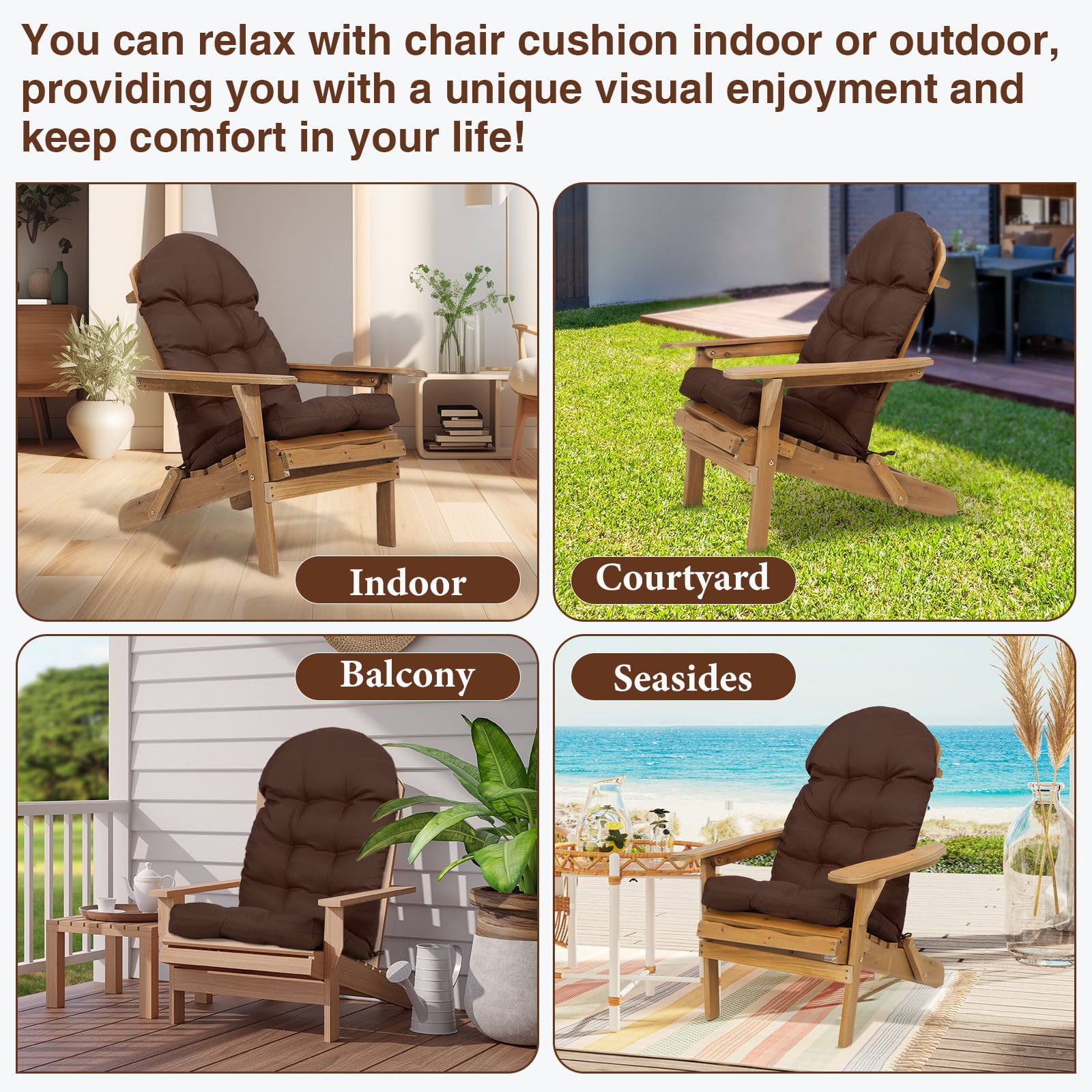 YEERSWAG Outdoor Adirondack Chair Cushions 43x20, Non-Slip Water Resistant High Back Patio Rocking Chair Pad with Ties,Brown