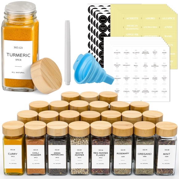 NETANY 24 Pcs Glass Spice Jars with Bamboo Lids, 4 oz Glass Jars with Minimalist Farmhouse Spice Labels Stickers, Collapsible Funnel, Seasoning Stora