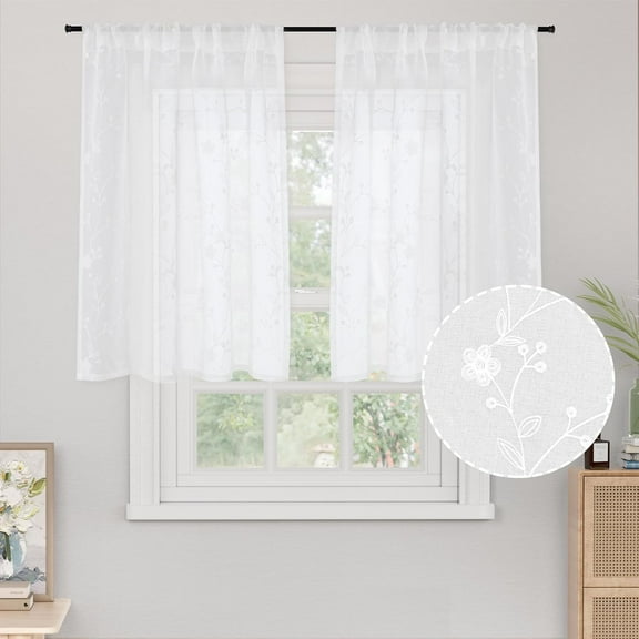 36 Inch Length Lace Sheer Curtains for Kitchen Cafe Window, Short White Drapes with Embroidered Floral Rod Pocket Lightweight Boho for Bathroom, 2 Panels, 42 X 36 Inch