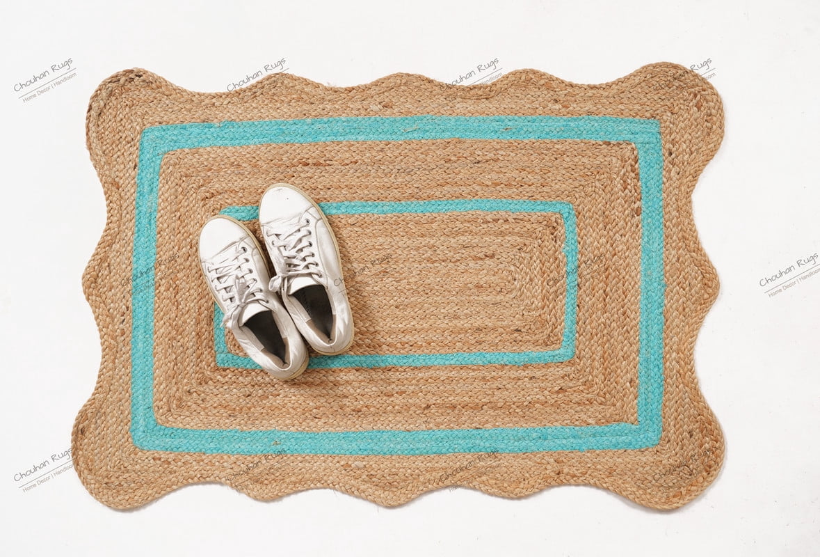Rectangle Rug Area Rug Natural Fiber Jute Hand Braided Rug Cyan Color Scalloped Pattern Eco Friendly Rug