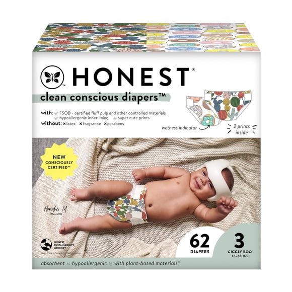 Pañales Clean Conscious de The Honest Company | A base de plantas, sostenibles | Cactus Cuties + Donuts | Club Box, talla 3 (16-28 libras), 62 unidades