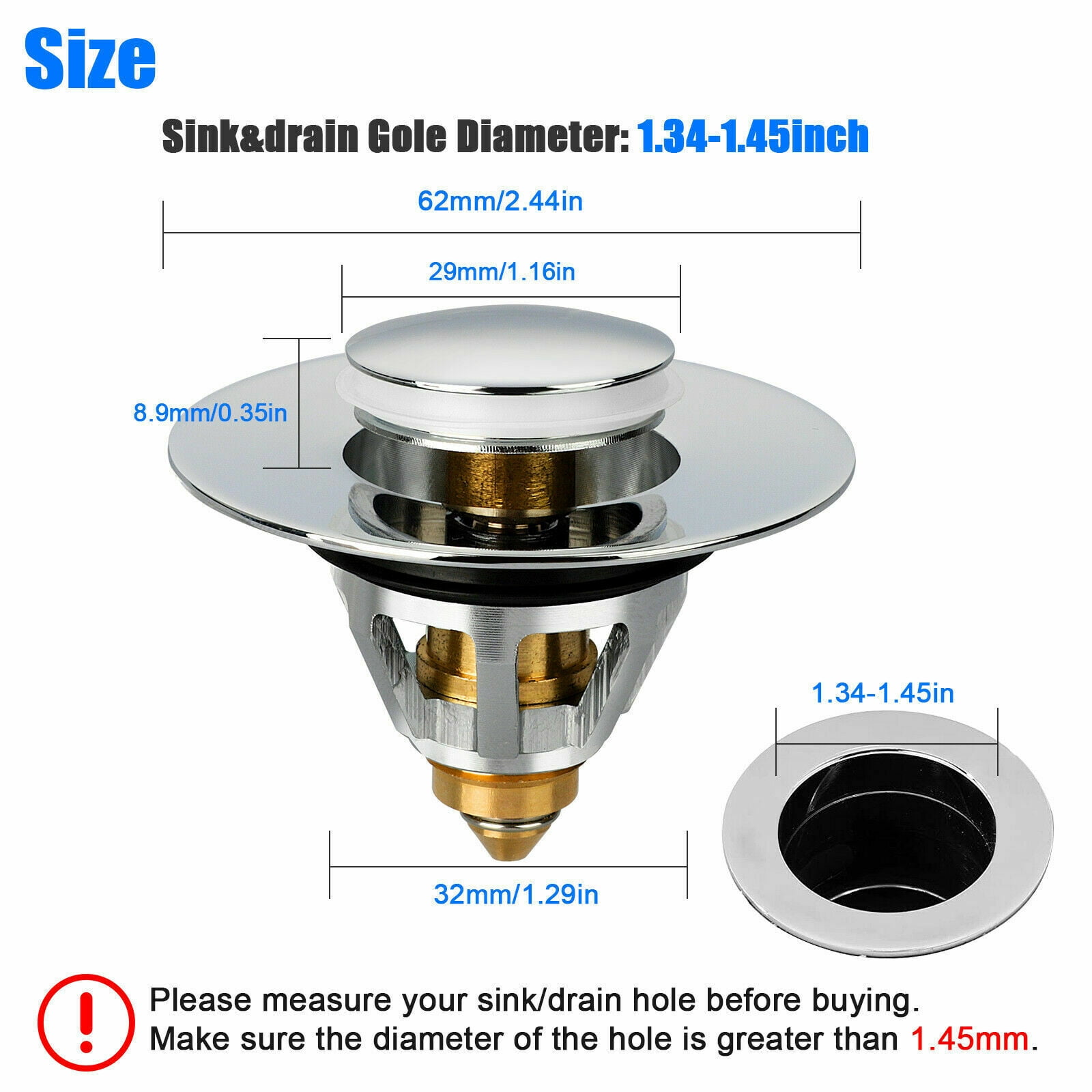 Wash Basin Bounce Drain Filter,Universal Edition Standard Size U.S. Push Type Basin Pop-Up Drain Filter, Fits 99% of Sink Drains, Sink Stopper