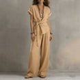 thumbnail image 5 of Women's 2 Piece Outfits Short Sleeve V Neck Top Wide Leg Pant Business Suit Set Dressy Pantsuits Summer Belted Top Loose Matching Set, 5 of 7