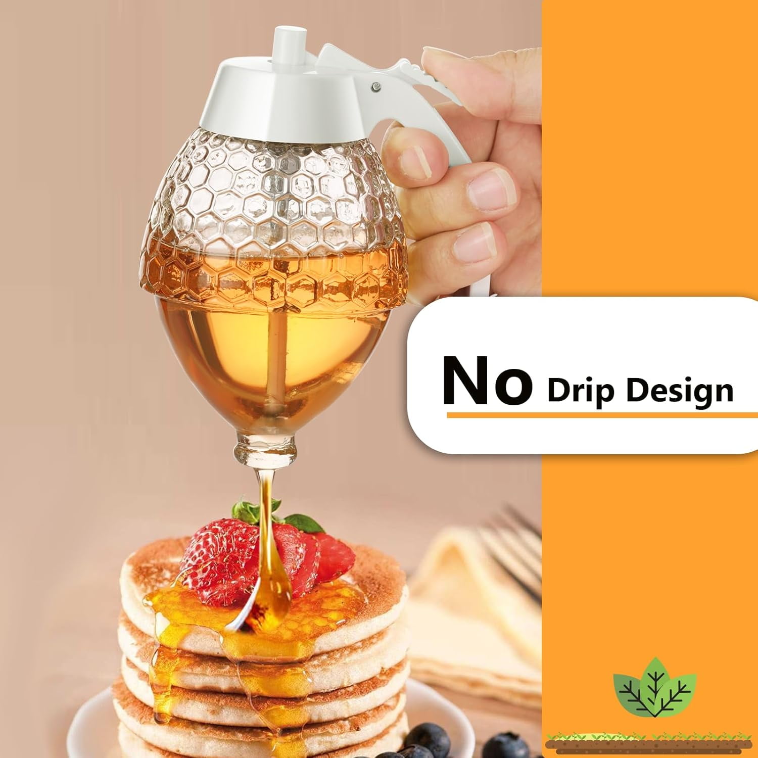 Honey Dispenser, 8oz Dispenser No Drip Glass with Stand, Container & Coffee Syrup for Tea Time Gifting, Elegant Honeycomb Jar - Pot Bottle Maple Bee