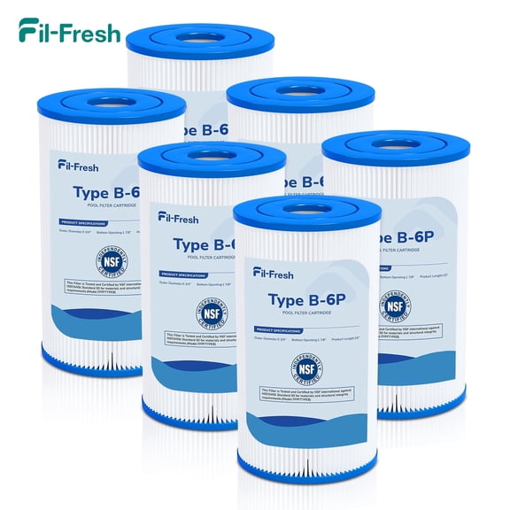 Fil-fresh 6-Pack Type B Pool Filter Cartridge Replacement for Intex Filter Pumps, Replaces 29005E 28633EG, Fits 520/520R GPH Models, 10" Length