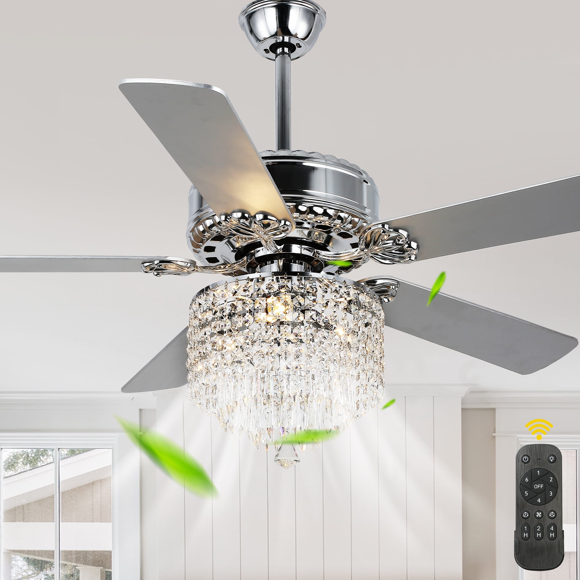 52" Modern Silver Crystal Ceiling Fan with Light and Remote Control, 6-Speed Reversible DC Motor