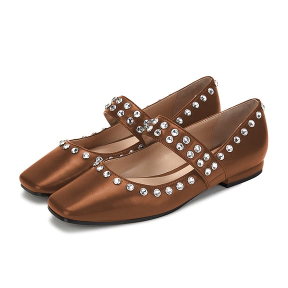 YDN Women Classic Square Closed Toe Mary Jane Rhinestone Studded Flats Strap Ballet Dance Dress Casual Shoes Size 7 Brown