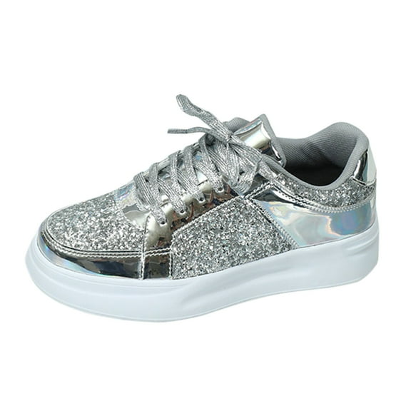 Lusa Women's Fashion Glitter Sneakers Trendy Metallic Luster Design Comfortable Breathable Thick Sole Shoes Ladies Lace-Up Walking Dress Shoes for Spring and Summer 2026 Silver 45
