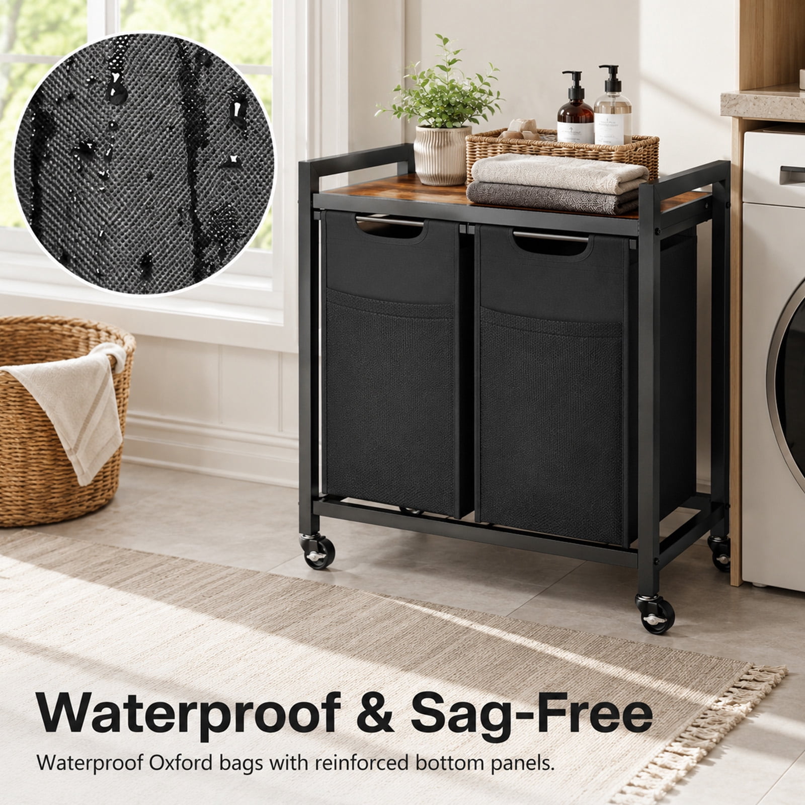 Alvantor Laundry Hamper 2/3 Section, 2 × 11.2 Gal (42.5 L)/3 × 8.6 Gal (32.5 L), Rolling Laundry Basket, Pull-Out and Removable Oxford Fabric Laundry Bags