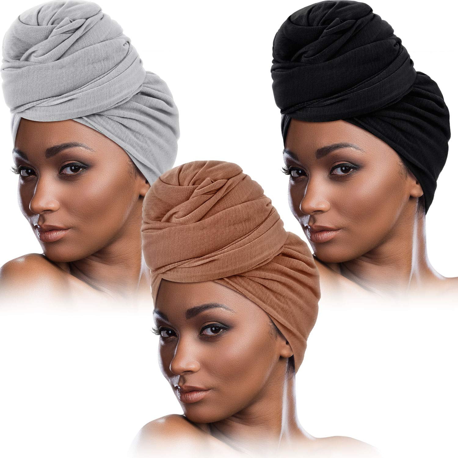 2 Pieces Stretch Head Wrap Scarf Stretchy Turban Long Hair Scarf Wrap Solid Color Soft Head Band Tie for Women 