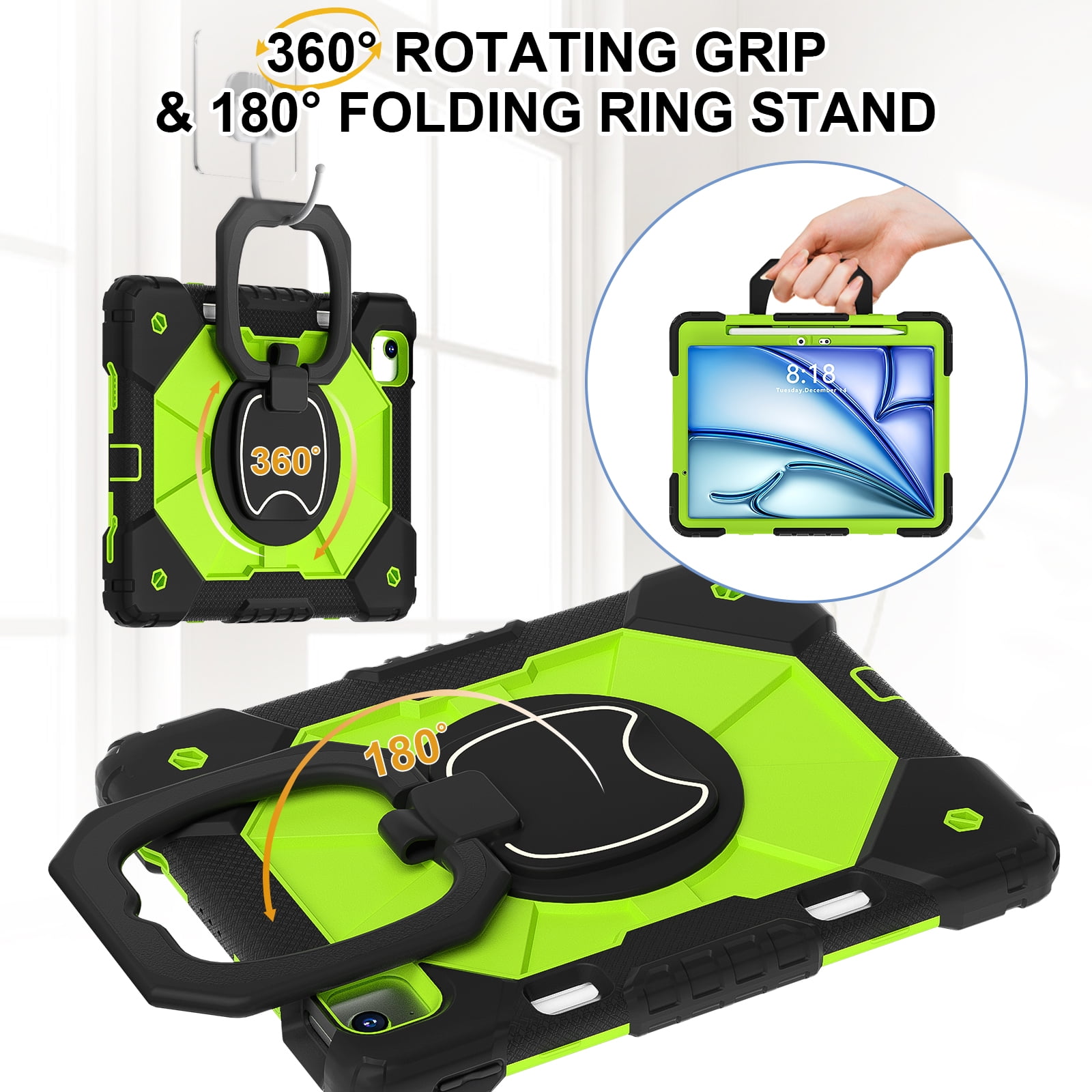 Dteck with Pencil Holder Case for iPad Air 13 inch 2025/2024,Heavy Duty Silicone Case 360 Degree Rotating Handle Stand Cover with Shoulder Strap for iPad Air 13-in. M3/M2,Black+Green