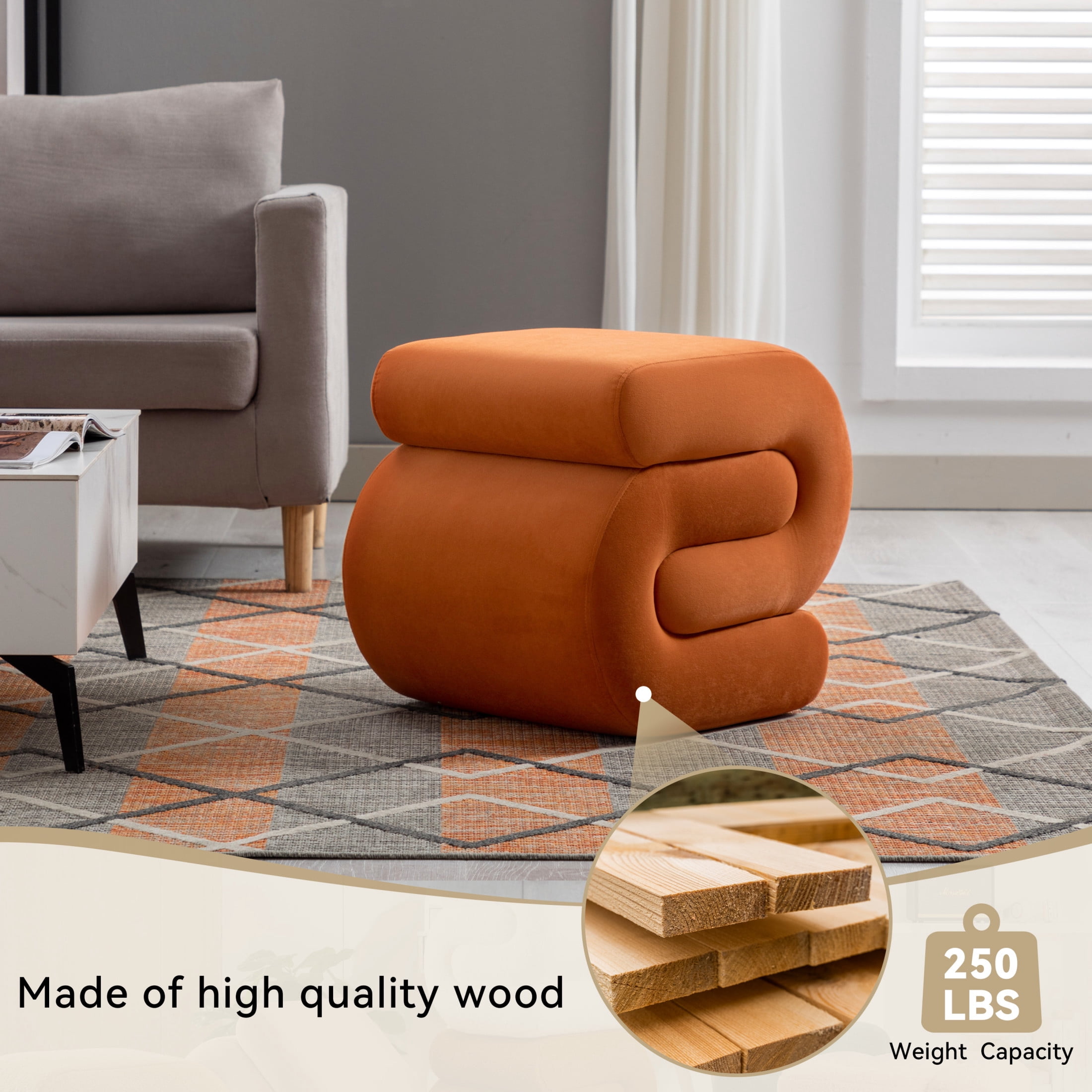 Noble House Rache 19" S-Shape Velvet Accent Ottoman, Plush Makeup Footrest Table Stool with Foam, Orange
