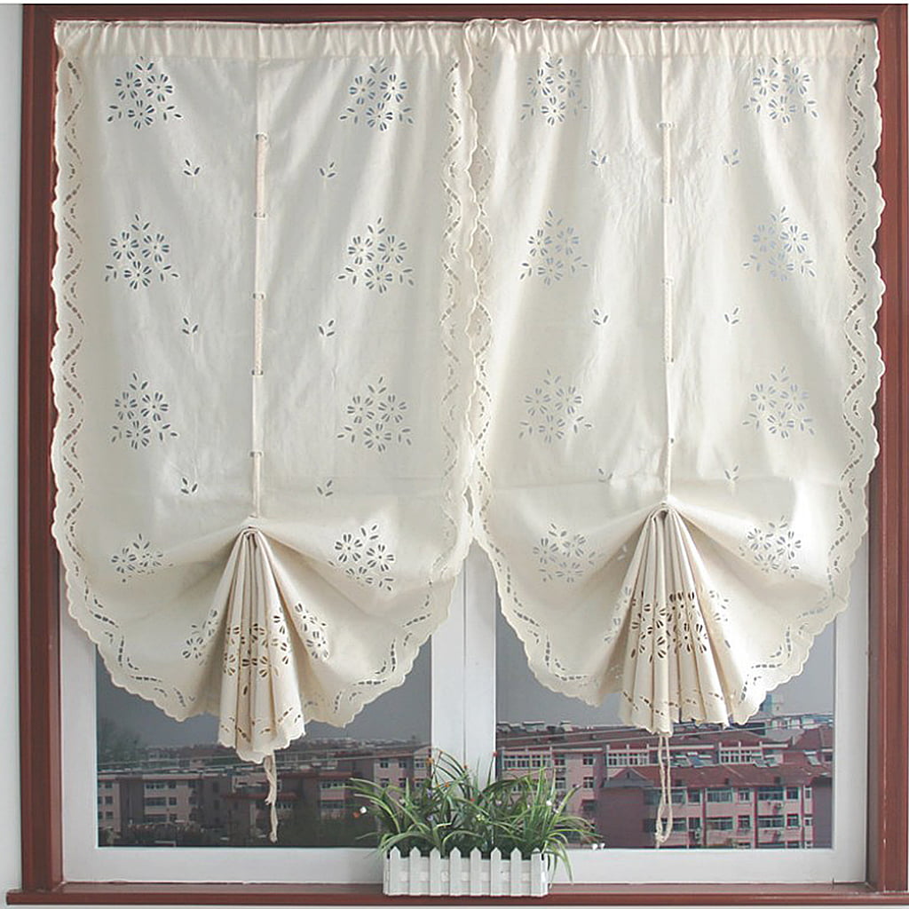 Window Kitchen Bathroom Lifting Roll Up Curtain Screen Embroidered With HangersH 