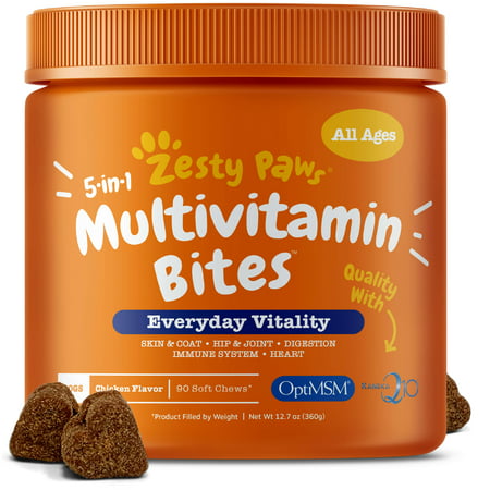 Zesty Paws Multi Vitamin 5 in 1 Chews for Dogs - Glucosamine, Chondroitin & OptiMSM for Joints - Fish Oil for Skin & Coat + Enzymes & Probiotics - for Heart Support + Immune s - 90