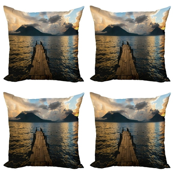 Ambesonne Landscape Throw Pillow Cover 4 Pack, Wooden Pier on Lake, 16", Multicolor