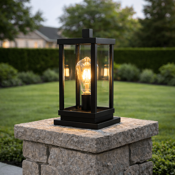 Modern Outdoor Post Light Fixture, Black Aluminum Post Lantern with Clear Glass, E26 Base Hardwired