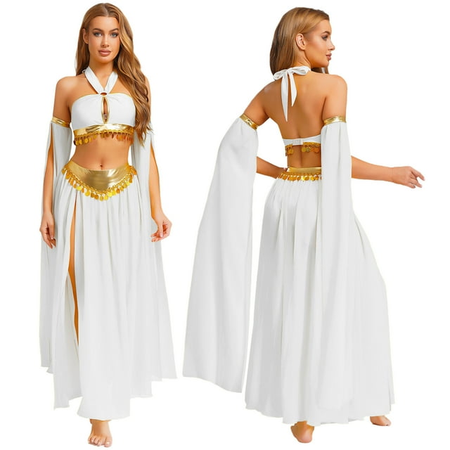Choomomo Ensemble de Costume de Danse du Ventre pour Femmes 4 Pcs, Haut Robe à Ourlet Doré à Dos Nu et Spectacle de Danse à Manches Longues Blanc m
