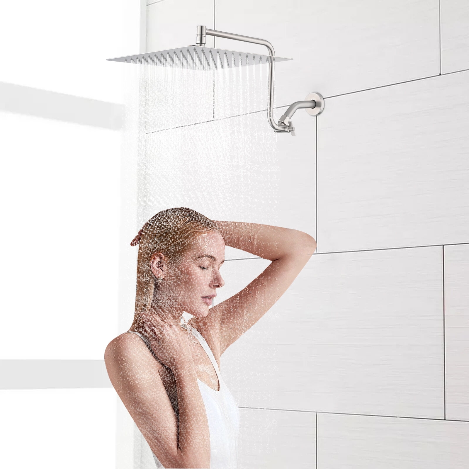 Freestanding Bathtub Faucet, 12 inch Adjustable Extension Arm High-pressure Rain Shower Head, Rain Fixed Shower Head, Brushed Nickel Freestanding Tub Filler,Stainless Steel Standalone Tub Faucet