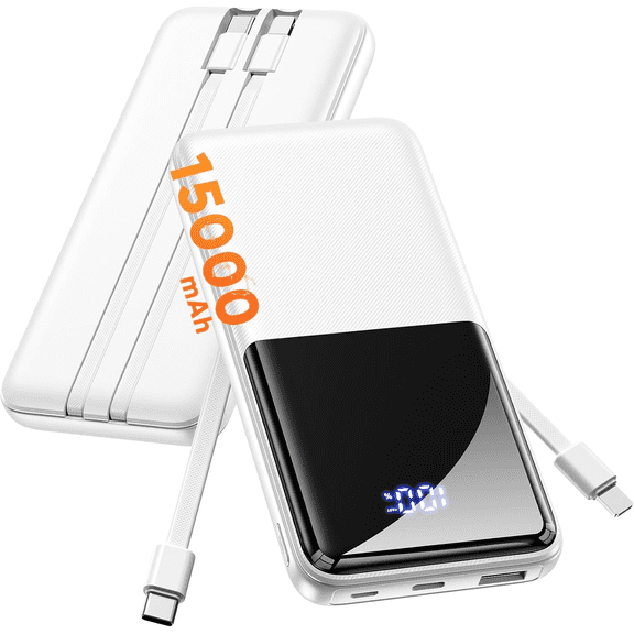 CFIAI Portable Charger 15000mAh Slim Power Bank with Built in Cables 22.5W Fast Charge, Travel Essential, 50% Larger Capacity USB C Battery Pack for iPhone Samsung Google Android, White