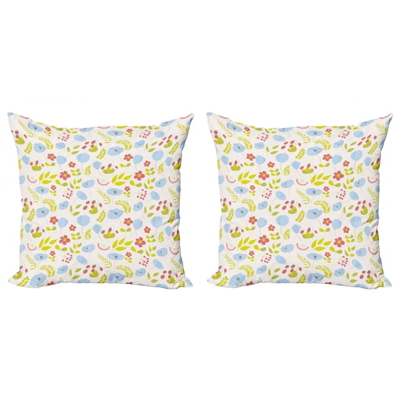 Spring Throw Pillow Cushion Cover Pack of 2, Pastel Repetitive Pattern with Wild Meadow Garden Art Botany Herbs Flowers, Zippered Double-Side Digital Print, 4 Sizes, Ivory and Multicolor, by Ambesonne