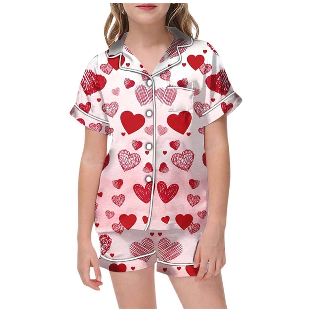 WEAIXIMIUNG Pyjama Imprimé de la Saint-Valentin pour Filles Manches Courtes Bouton Haut Shorts Ensemble de Pyjama Maison 140