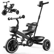 JoyStone 2-in-1 Toddler Tricycle for Ages 1-4 Years, Kids Trike Toddler Bike with Removable Push Handle, Adjustable Seat & Basket, Black