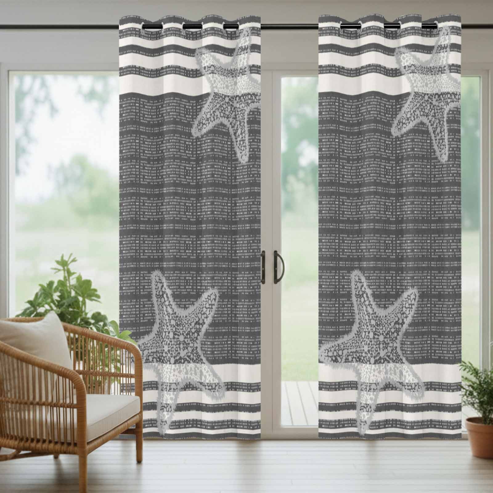Pixel Black Star Outdoor Curtains for Patio, Modern Abstract Nautical Ocean Beach Starfish Stripe Sunshade Privacy Drapes Grommet Waterproof Outside Curtains for Porch Balcony 54"x108", 1 Panel