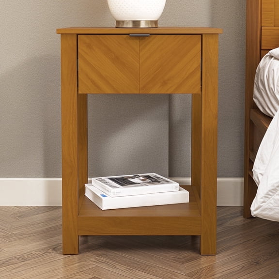 STYLIVIA Modern Nightstand for Adults with Drawer and Open Shelf, Amber Walnut, 16.5" W x 15.4" D x 23.2" H