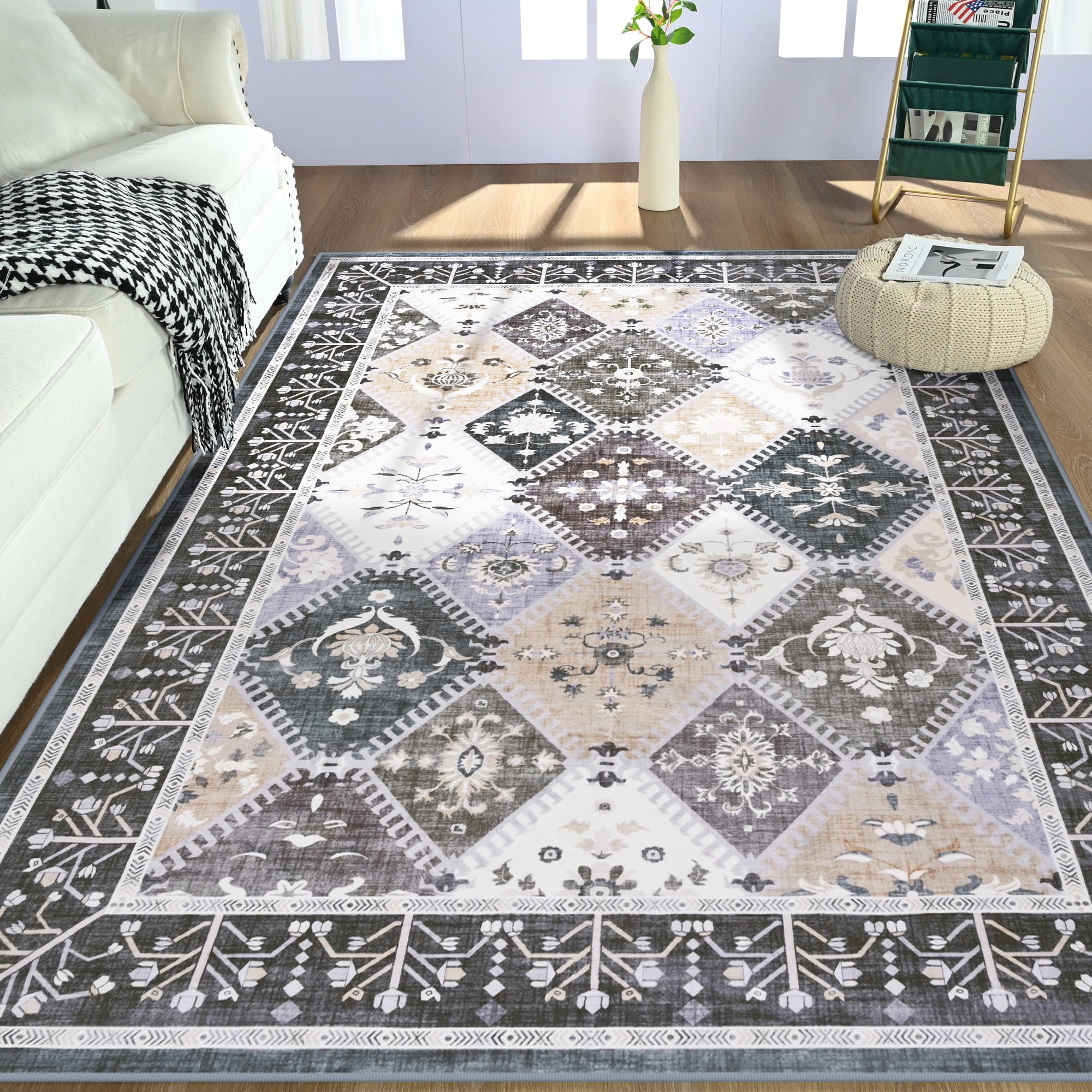 Wondo Moroccan Vintage Trellis Area Rug - Machine Washable Non-Slip Low-Profile 5x8 Floor Carpet for Living Room, Bedroom, Dining Room, Office & Nursery, Gray