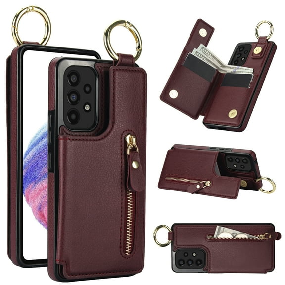 Cutyskin for Samsung Galaxy A52 5G/4G Wallet Case【RFID Blocking】 with Card Holder Cash Pocket Zipper Bills Slot, Soft PU Leather Magnetic Back Folio Kickstand, Finger Ring Holder Hook Case, Jujube Red