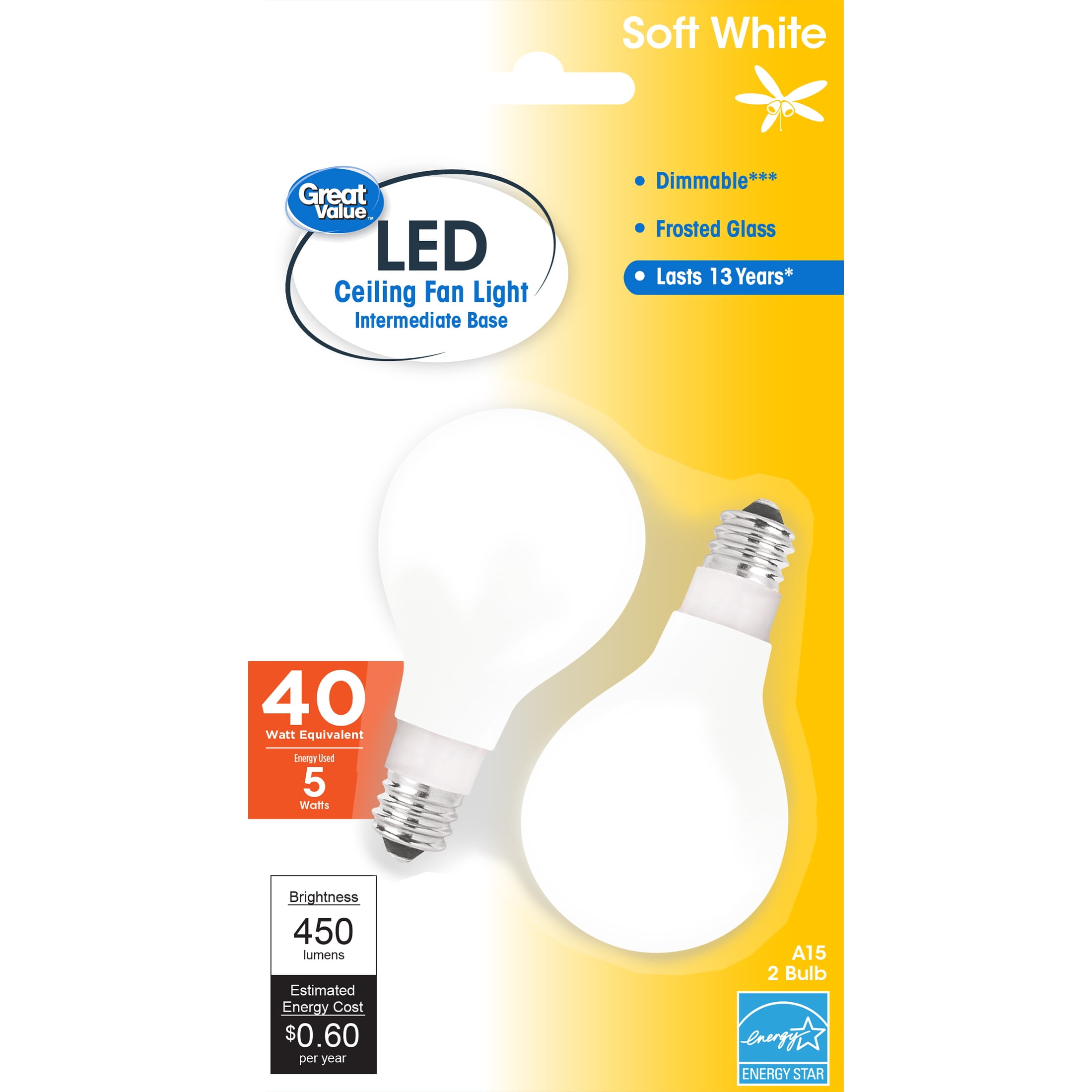 Great Value LED Light Bulb, 5 Watts (40W Eqv.) A15 Ceiling Fan Frosted Lamp E17 Base, Dimmable, Soft White, 2-Pack