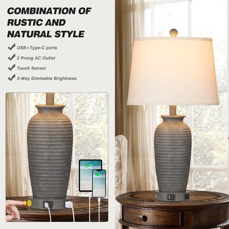 Cinkeda Table Lamps Set of 2, 24", Resin, USB & Outlet photo 3
