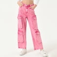 thumbnail image 2 of KAUOD Girls Cargo Jeans Baggy Wide Leg Multi Pockets Denim Pants Kids Plain Cute Straight High Waist Retro Denim Trousers, 2 of 9