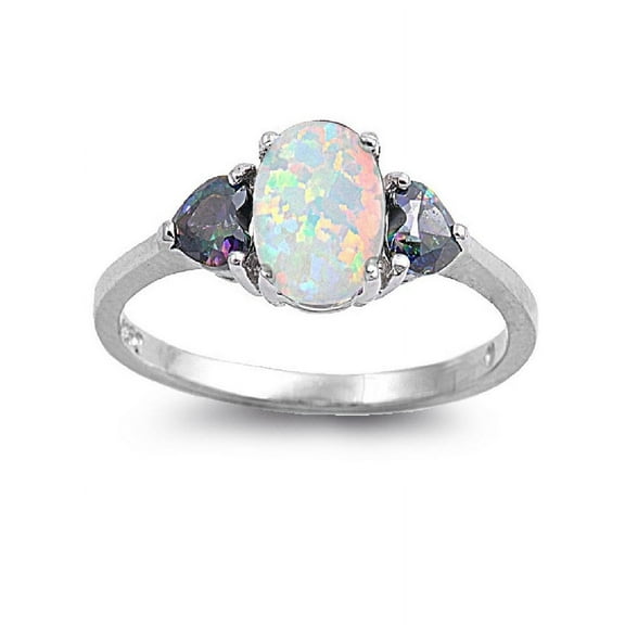 Heart Accented Round Simulated Opal Mystic Simulated Topaz Cubic Zirconia Ring Sterling Silver 925 Size 4