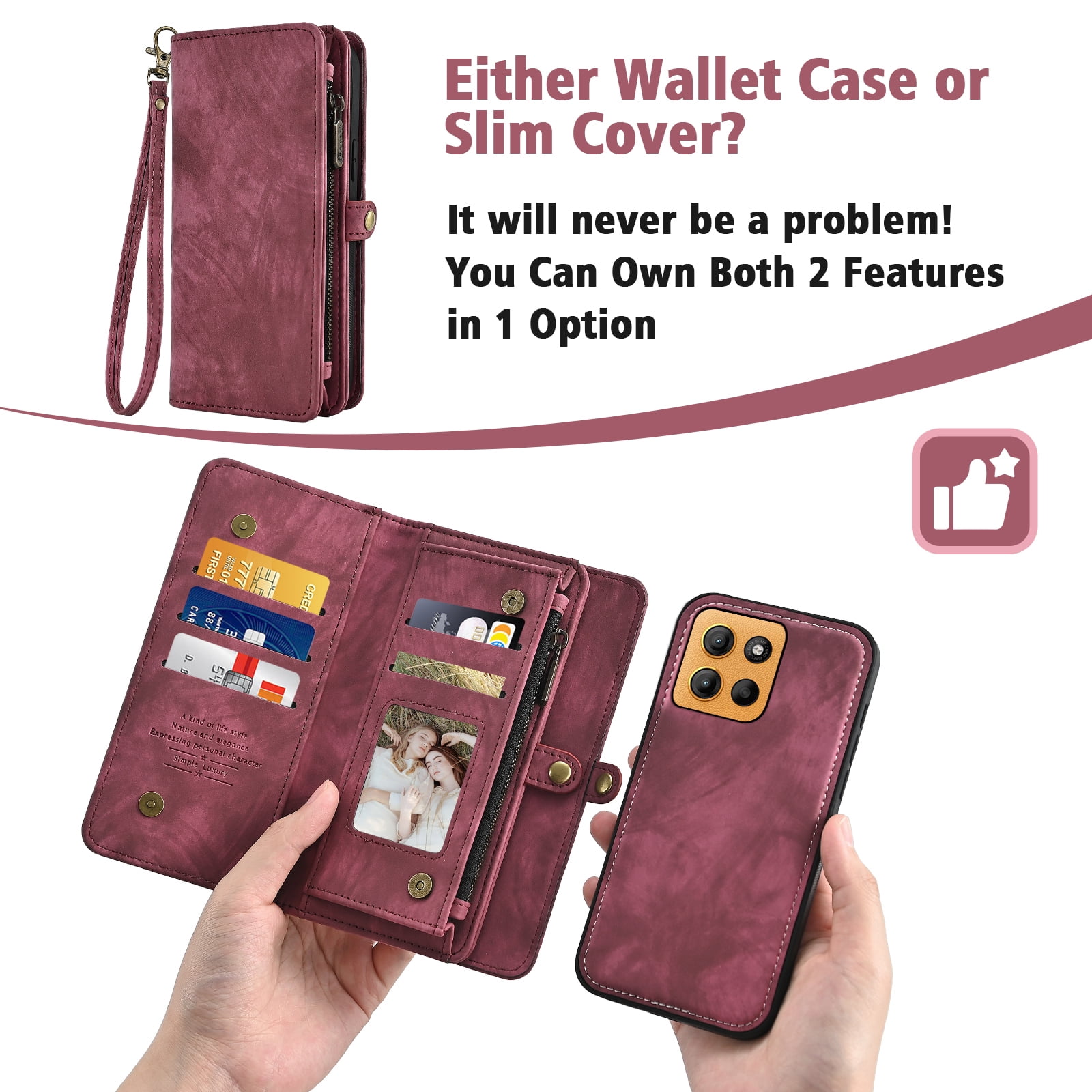 Asuwish Phone Case for Motorola Moto G15 4G Lte Zipper Wallet Detachable Cell Cover with Tempered Glass Screen Protector Crossbody Lanyard Strap Flip Card Holder MotoG15 G 15 XT2521-2 Women Girls Red