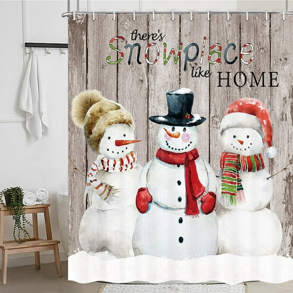 Christmas Shower Curtain for Bathroom, Vintage Xmas Winter Snowman Fabric Shower Curtain Sets, Snowplace Like Home Waterproof Bath Accessories Decor with Hooks, 70X70in