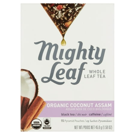 Mighty Leaf Noix de coco biologique Assam feuilles entières Thé 15 Pouches Pyramide, 1,59 oz Pack 6