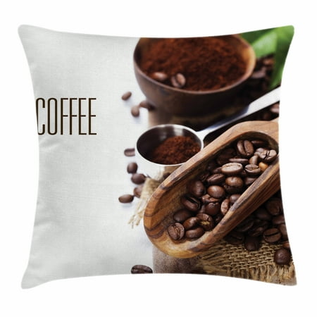 Coffee Throw Pillow Cushion Cover, Bean and Ground Plants Filter Coffee Equipment Caffeine Addiction and Tropic Taste, Decorative Square Accent Pillow Case, 24 X 24 Inches, Brown Green, by