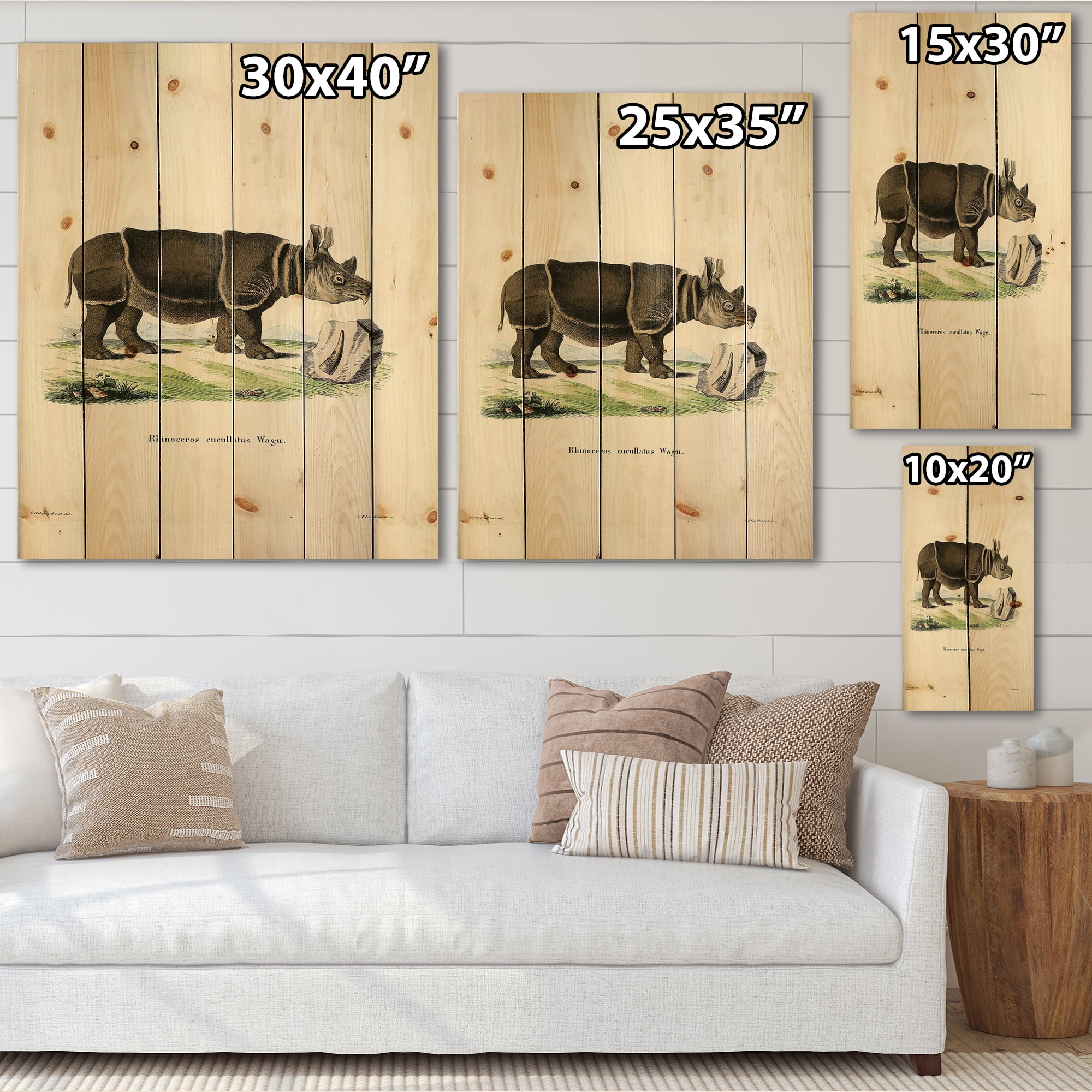 Designart 'Ancient Rhinoceros' Farmhouse Print on Natural Pine Wood