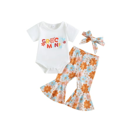 

MissiMae Baby Girls Summer Jumpsuits Set Letter Print Short Sleeves Romper and Elastic Floral Flare Pants Headband 0-18M