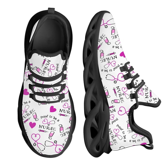 Zapatillas de running ligeras para mujer, zapatillas de deporte de malla antideslizantes con patrón rosa para enfermeras y hospitales