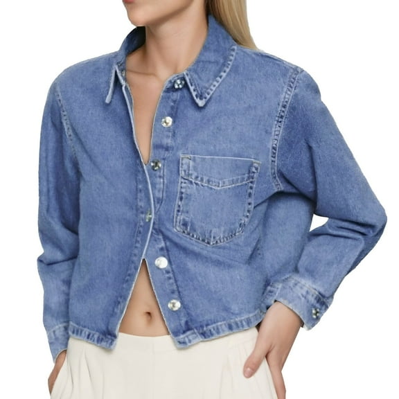 Women Crop Denim Jacket Shacket Long Sleeve Jean Shirt Lapel Collar Denim Shirt Blouse