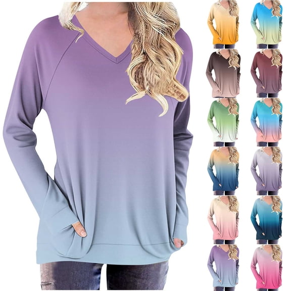 HVOBTTY Women's Long Sleeved T Shirt, Fall and Winter Tops for Women, Women's Casual Fashion Gradient Print V Neck Long Sleeve Drop Shoulder Pullover T Shirt Blue, Blue