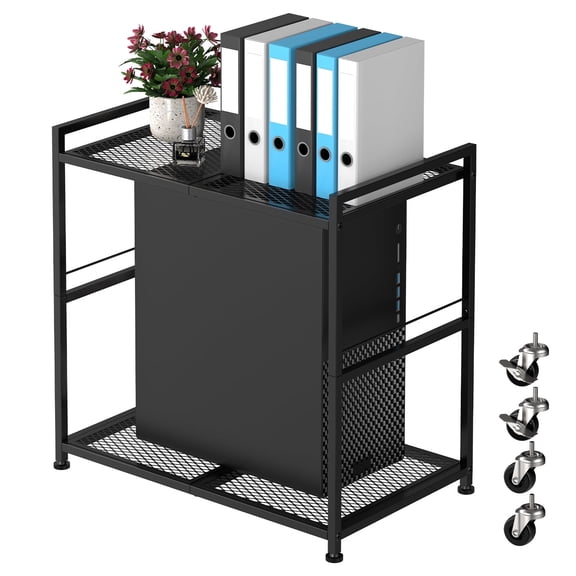 Metal 2-Tier Mobile Computer Tower Stand, Rolling CPU Holder Cart with Caster Wheels, Under Desk Printer & Fax Stand for Home Office, Black