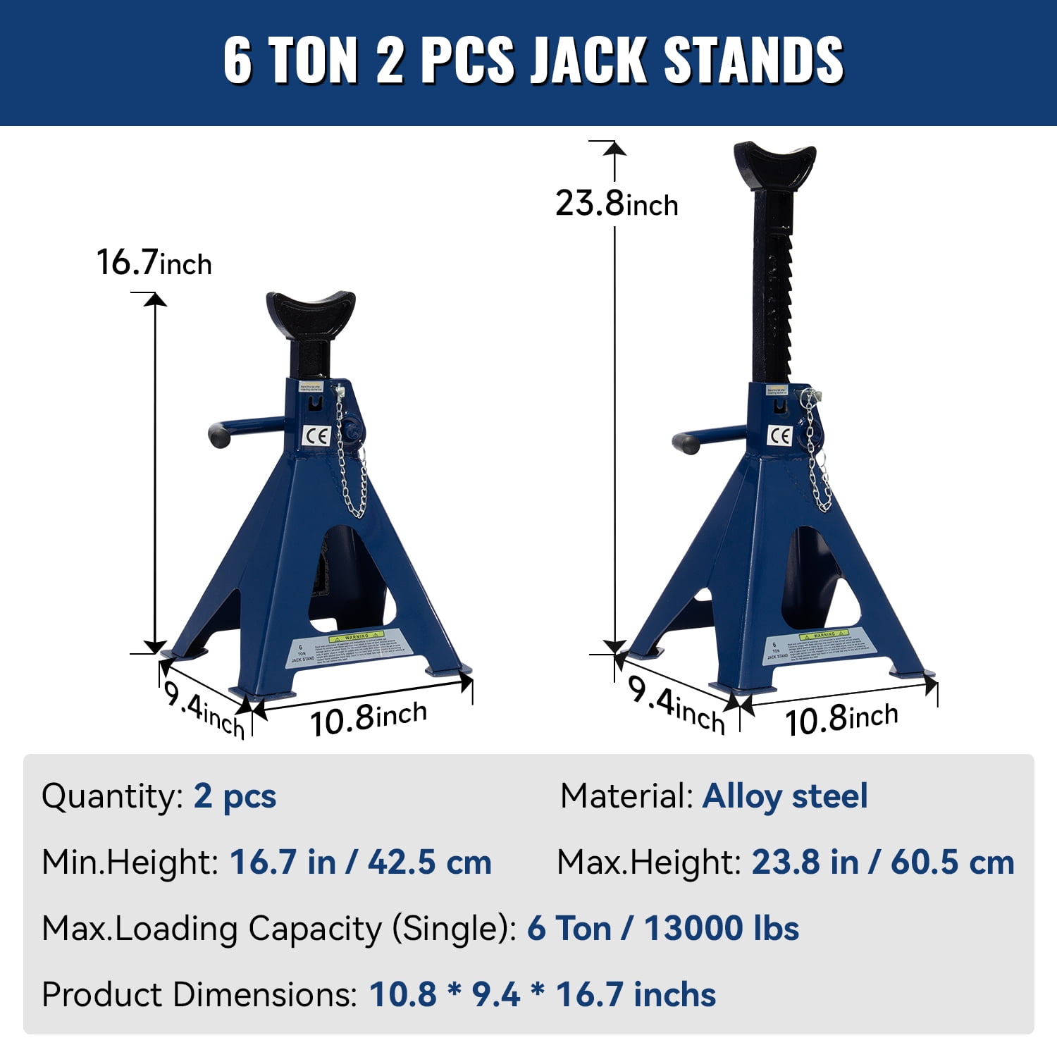 HPDAVV Jack Stands 6 Tons (13,000 lbs) Capacity, 16.7"- 23.8" Lifting Range Heavy Duty Car Jack Stands with Double Locking Pins for Garage, Repair Shop, 1 Pair
