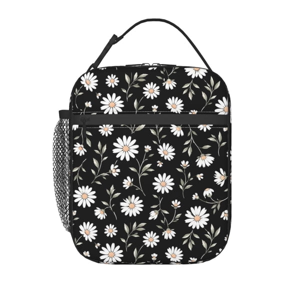 Black Daisy Floral Lunch Bag Reusable Thermal Lunch Box with Handle for Women and Men