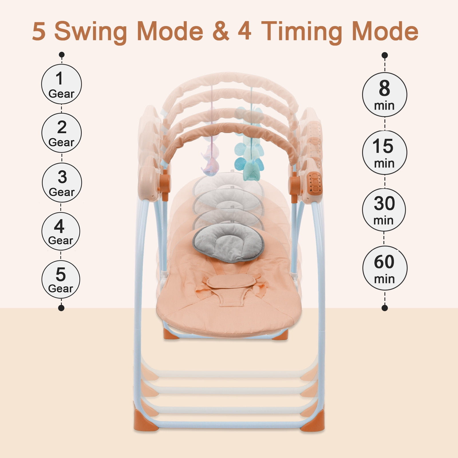 ANJORALA Baby Swings for Infants Toddler Portable Newborn Swing Bouncer, Bluetooth(Brown)