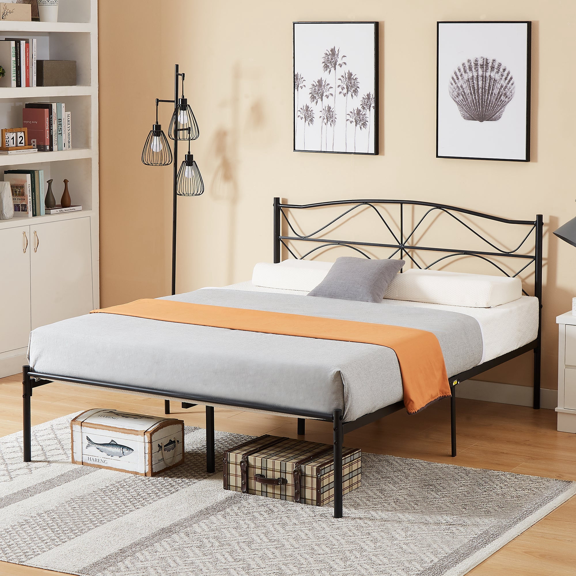 VECELO Queen Size Metal Platform Bed Frame with Headboard, Heavy Duty Steel Slats Support/No Box Spring Needed, Black