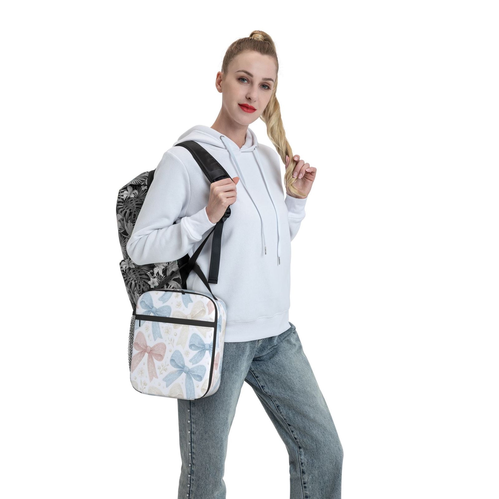 Lunch Bag For Women Men Insulated Portable Lunch Box Bento Box Office Picnic Travel Cooler Bag Romantic Vintage Lace Ribbon Bow Pattern