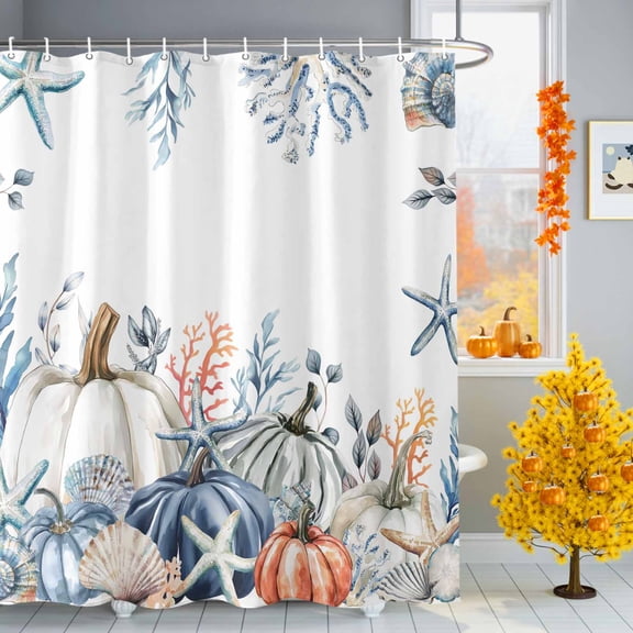 White Navy Orange Pumpkin Shower Curtains for Bathroom, Coastal Starfish Coral Shell Fall Leaf Waterproof Fabric Shower Curtain for Bathroom Bathtub Decoration, Machine Washable, 54x"78"